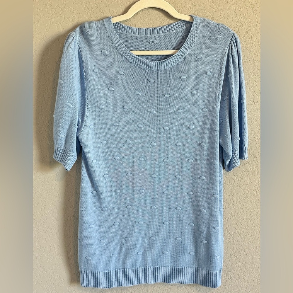 Light Blue Dot Textured Short Sleeve Crew Neck Sweater